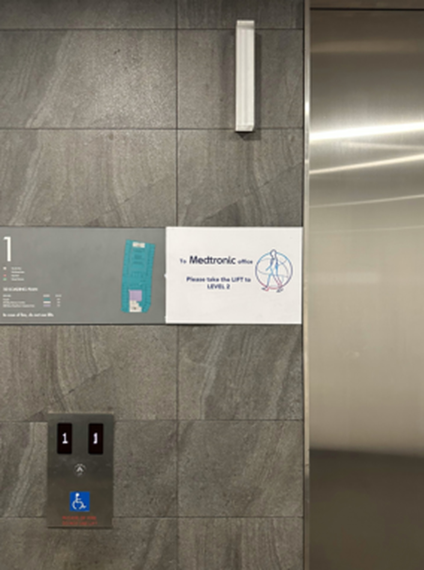 Lift panel showing Medtronic office reached via Level 2